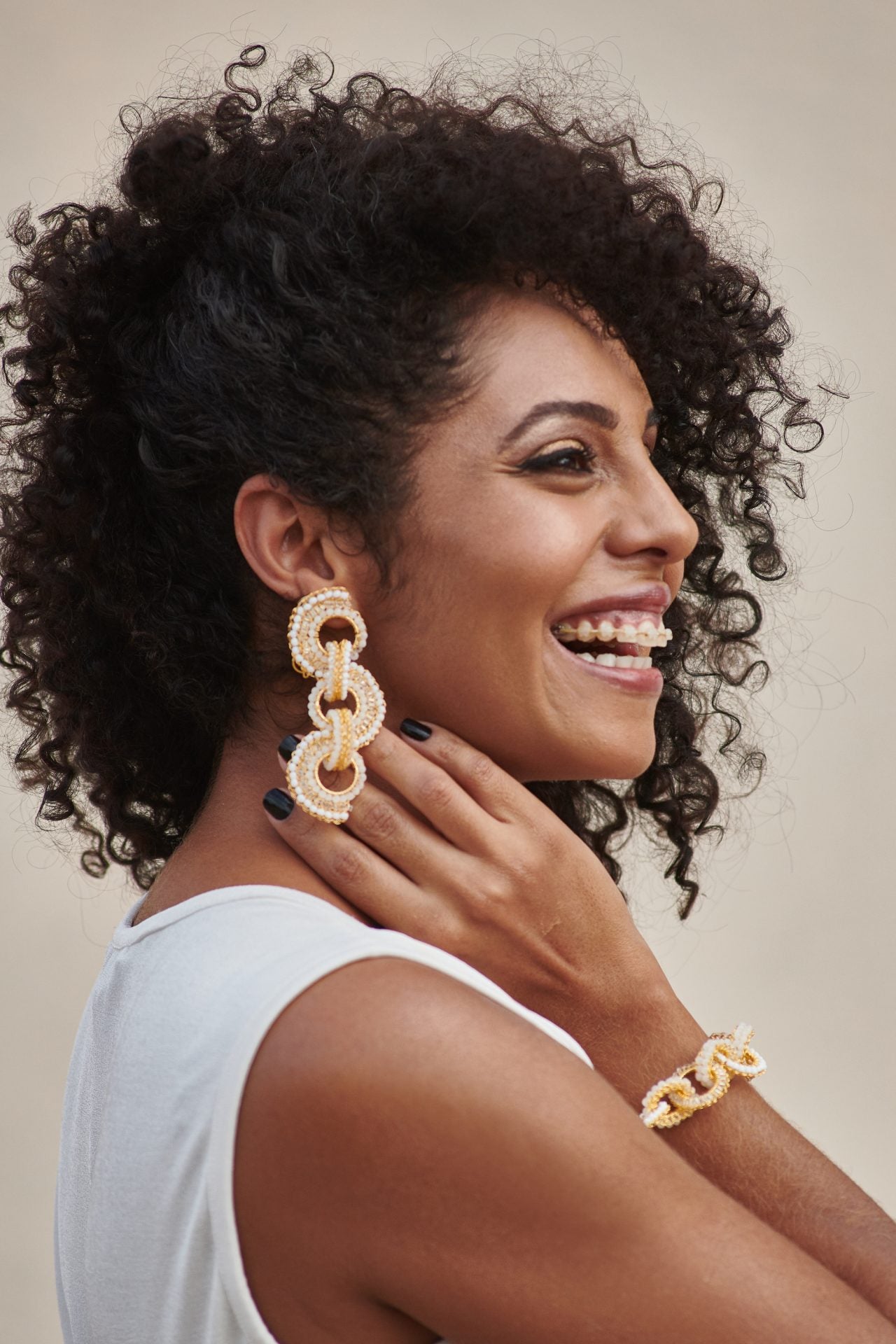 White & Gold Elena Handmade Crochet Long Earrings