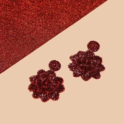 Red Velvet Blossom Handmade Crochet Large Earrings