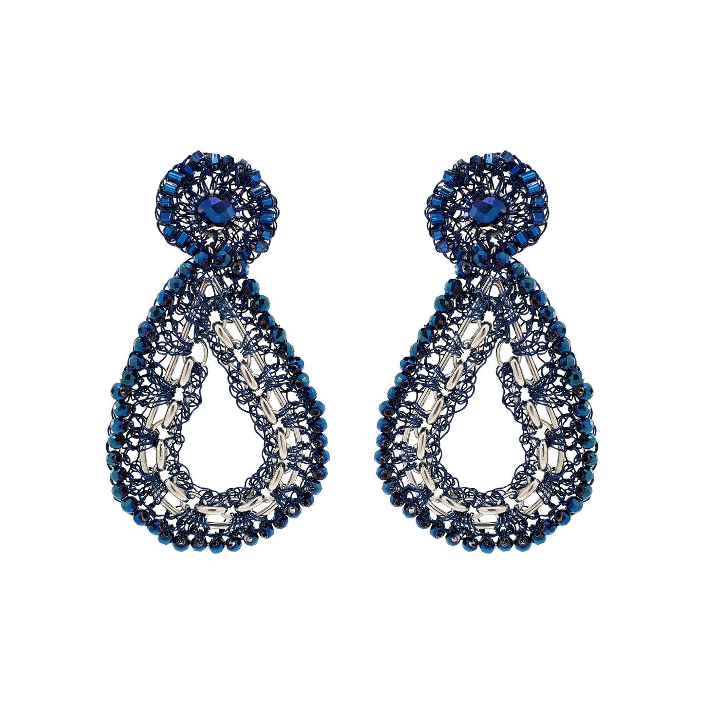 Blue & Silver Flux Teardrop Handmade Crochet Earrings