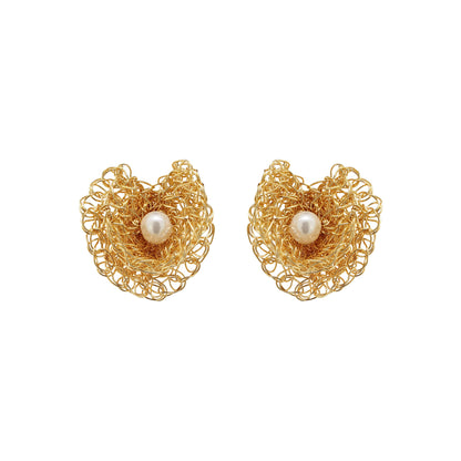 Pearl & Gold Reef Mini Post Handmade Crochet Earrings