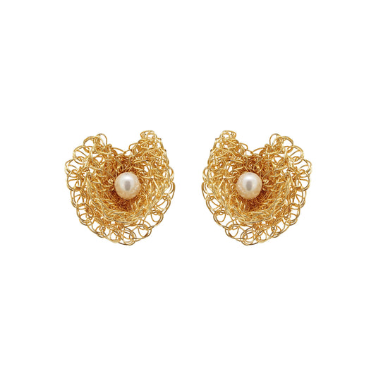 Pearl & Gold Reef Mini Post Handmade Crochet Earrings