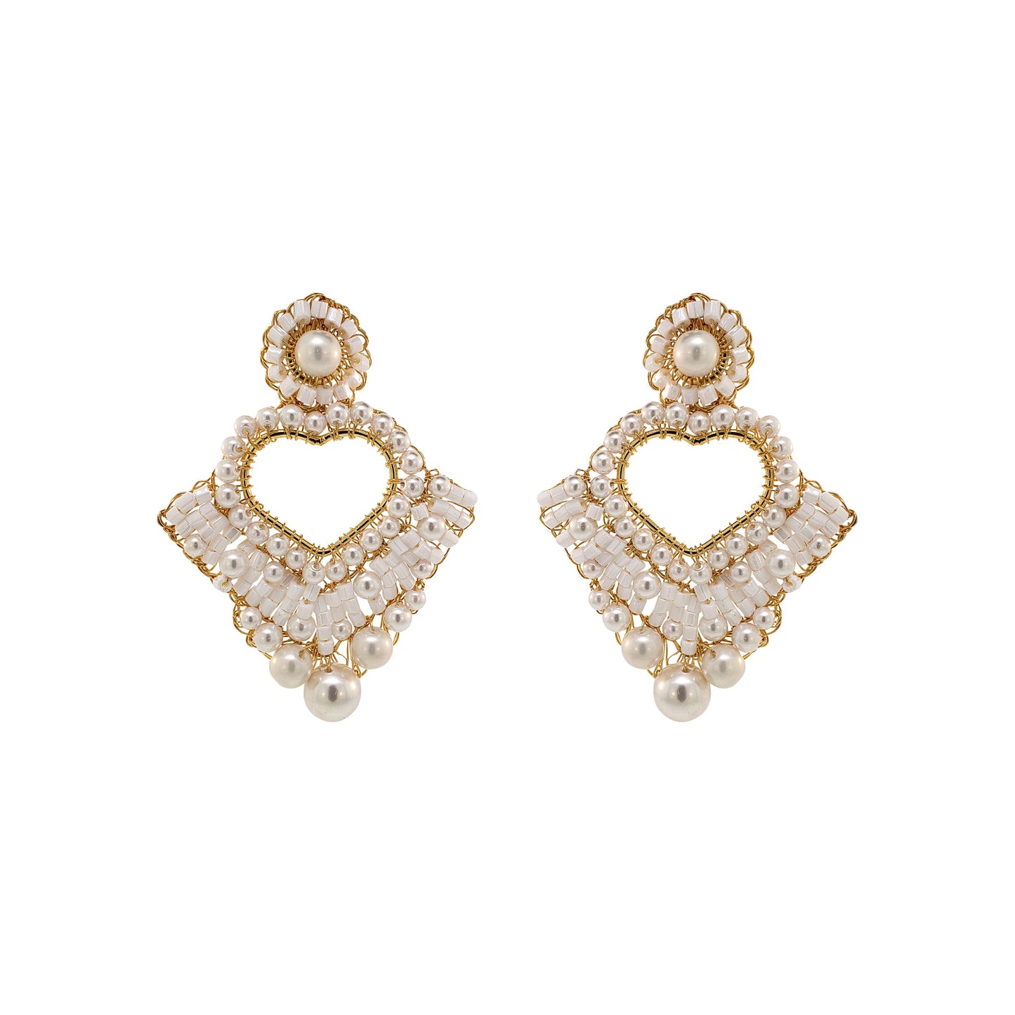 Pearl & Gold Queen's Heart Handmade Crochet Earrings