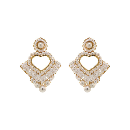 Pearl & Gold Queen's Heart Handmade Crochet Earrings
