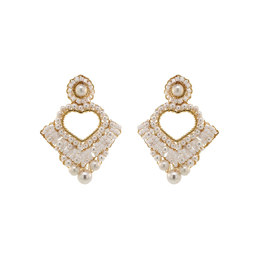 Pearl & Gold Queen's Heart Handmade Crochet Earrings