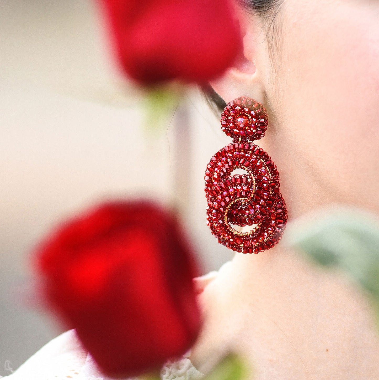 Red Interlocked Handmade Crochet Earrings