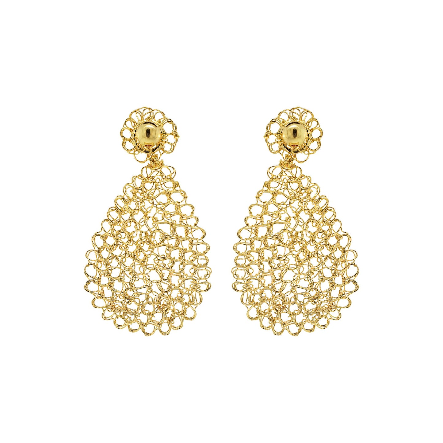A pair of hand-crocheted, teardrop-shaped earrings made with 18 karat gold filled wire, displayed against a white background. Mini teardrop hand-crocheted earrings in 18 karat gold-filled wire, lightweight hypoallergenic nickel-free handmade Brazilian artisan jewelry.
