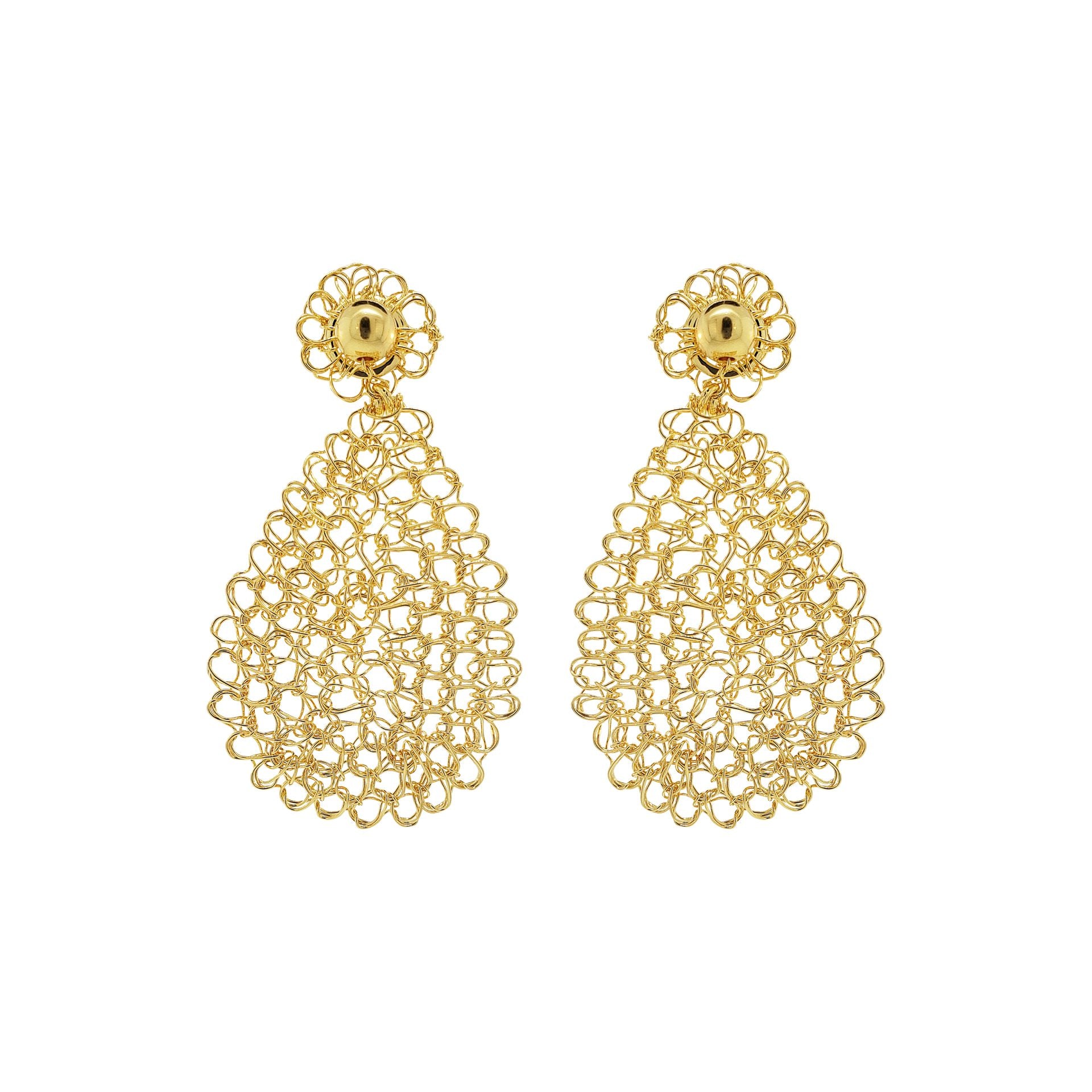 A pair of hand-crocheted, teardrop-shaped earrings made with 18 karat gold filled wire, displayed against a white background. Mini teardrop hand-crocheted earrings in 18 karat gold-filled wire, lightweight hypoallergenic nickel-free handmade Brazilian artisan jewelry.