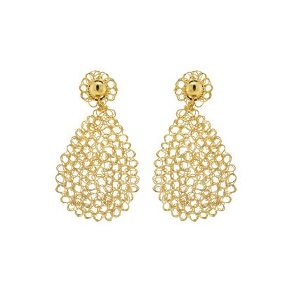 A pair of hand-crocheted, teardrop-shaped earrings made with 18 karat gold filled wire, displayed against a white background. Mini teardrop hand-crocheted earrings in 18 karat gold-filled wire, lightweight hypoallergenic nickel-free handmade Brazilian artisan jewelry.