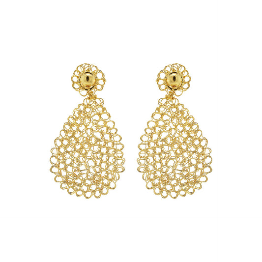 A pair of hand-crocheted, teardrop-shaped earrings made with 18 karat gold filled wire, displayed against a white background. Mini teardrop hand-crocheted earrings in 18 karat gold-filled wire, lightweight hypoallergenic nickel-free handmade Brazilian artisan jewelry.