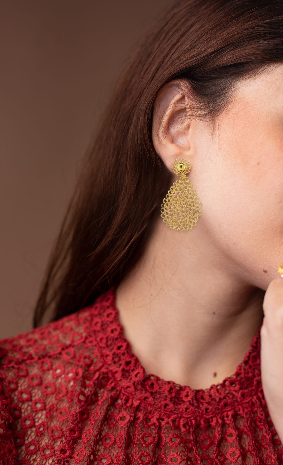 Mini teardrop hand-crocheted earrings in 18 karat gold-filled wire, lightweight hypoallergenic nickel-free handmade Brazilian artisan jewelry.