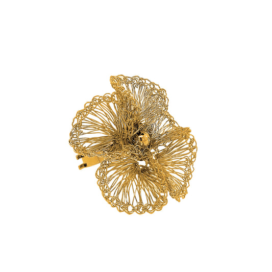 An 18 Karat Gold Plumeria Handmade Crochet Ring displayed on a white background. Floral hand-crocheted adjustable ring in 18 karat gold filled wire, handmade in Brazil, hypoallergenic nickel-free artisan statement jewelry.
