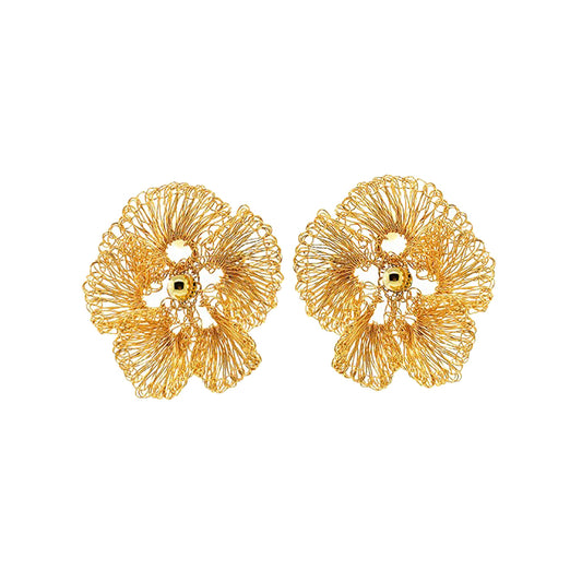 Handmade in Brazil, these floral hand crocheted earrings feature 18 karat gold filled wire, lightweight comfort, and hypoallergenic nickel free materials.