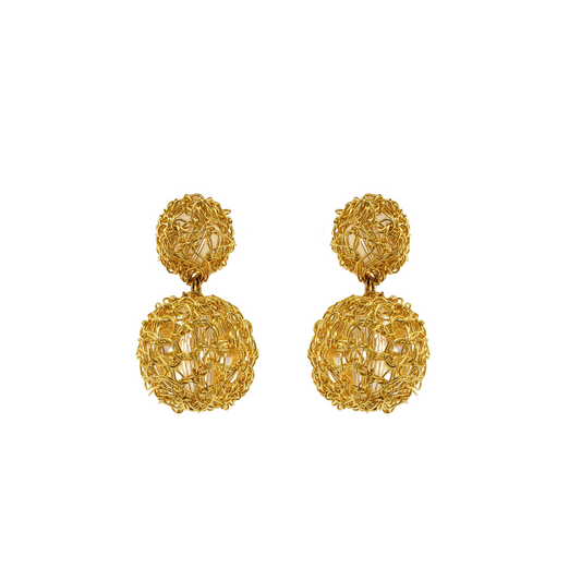 A pair of hand-crocheted gold-filled wire earrings with a spherical design. Gold hand-crocheted double-drop earrings made with 18K gold-filled wire, handmade in Brazil with a lightweight sculptural design.