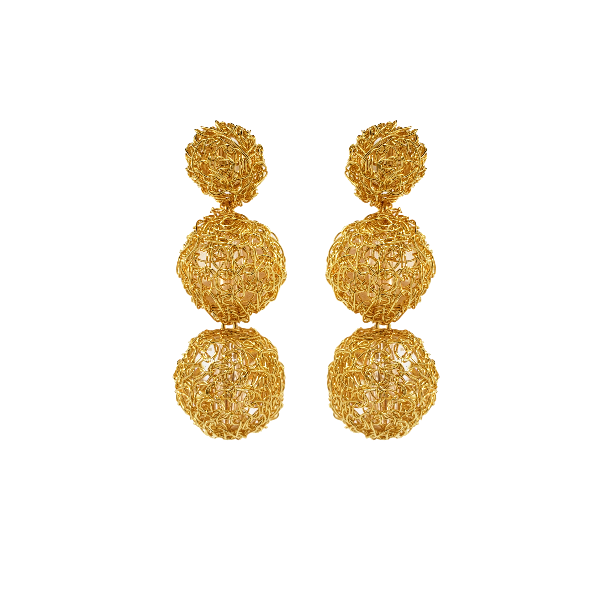 Hand-crocheted 18k gold filled earrings handmade in Brazil, lightweight hypoallergenic nickel-free artisan wire crochet earrings. FV Frances Valentine