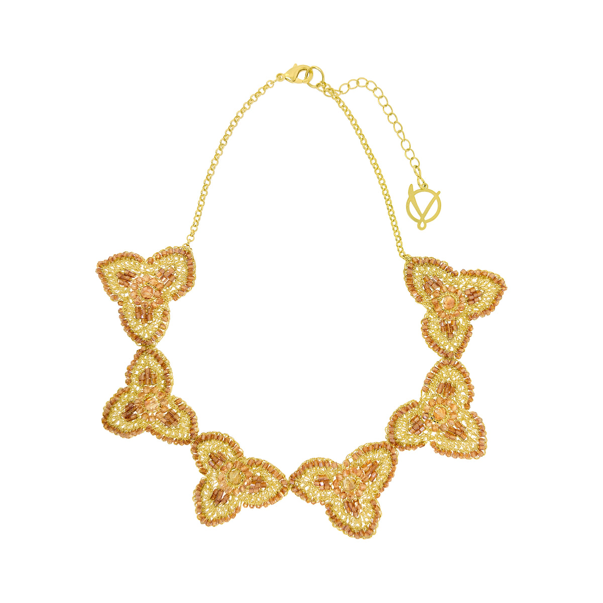 A gold-tone beaded statement necklace featuring five butterfly motifs connected by a delicate chain, shown against a plain white background. Shop the Ambar & Gold Orchid Crescent Necklace, handmade in Brazil with golden floral motifs, amber crystals, and 18K gold-filled wire. Elegant statement jewelry.