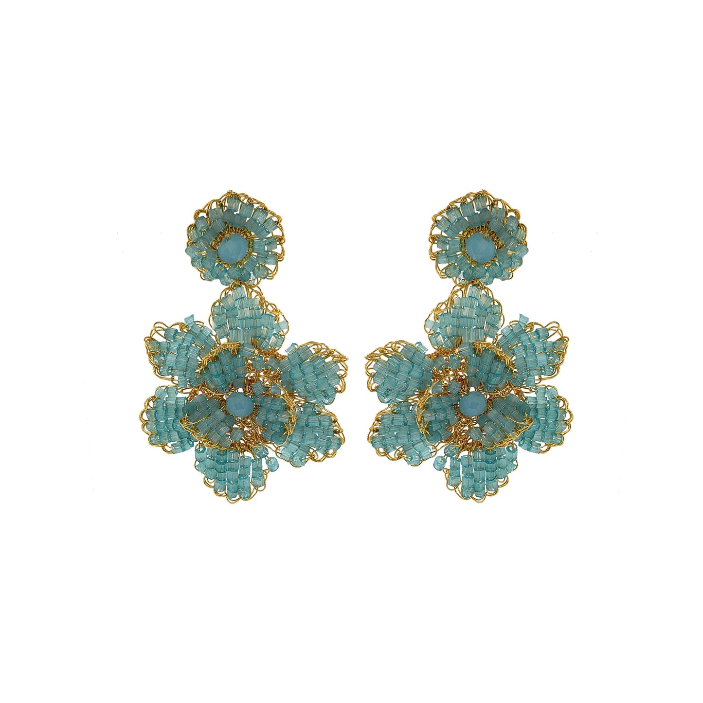 A pair of hand-crocheted earrings featuring blue and gold floral patterns, made with 18 karat gold filled wire. Mini floral hand crocheted earrings in 18 karat gold filled wire, lightweight hypoallergenic Brazilian artisan jewelry with feminine floral design.