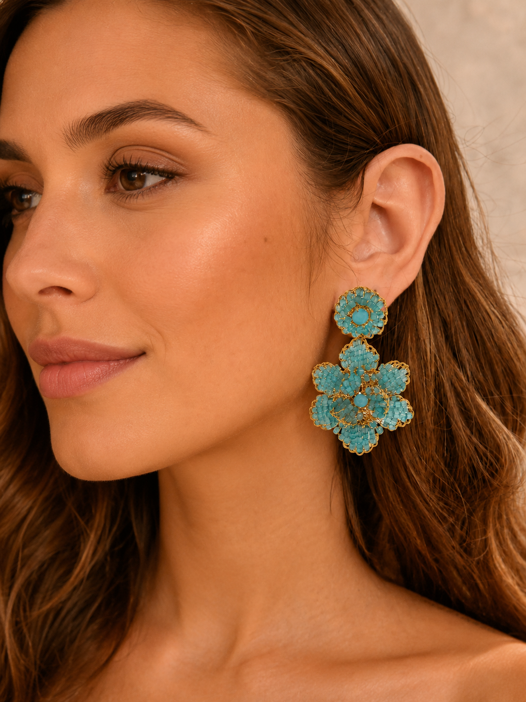 mini floral earrings, hand-crocheted earrings, aqua blue earrings, aqua bead earrings, 18k gold filled earrings, handmade Brazilian earrings, artisan gold earrings, lightweight statement earrings, hypoallergenic earrings, nickel free earrings, lead free earrings, floral earrings, handmade jewelry, Brazilian artisan jewelry, everyday gold earrings, special occasion earrings