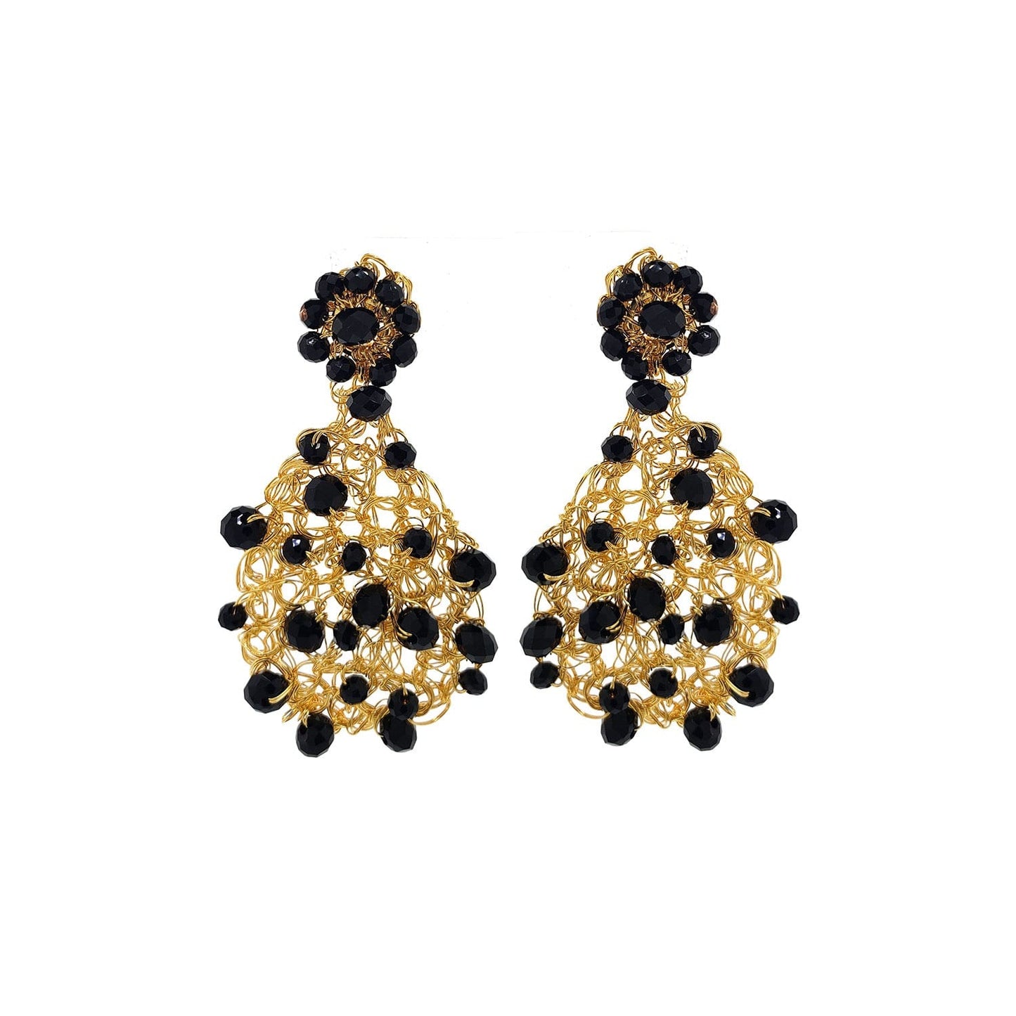 A pair of teardrop-shaped hand-crocheted mesh earrings with black crystals and gold-filled copper wire. Handmade in Brazil, these teardrop mesh earrings feature 18 karat gold filled wire, multicolor crystals, lightweight comfort, and hypoallergenic materials.