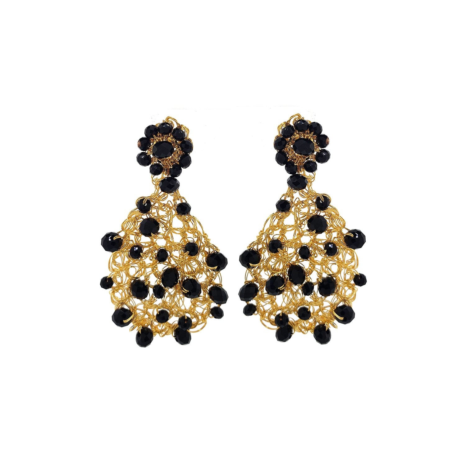 A pair of teardrop-shaped hand-crocheted mesh earrings with black crystals and gold-filled copper wire. Handmade in Brazil, these teardrop mesh earrings feature 18 karat gold filled wire, multicolor crystals, lightweight comfort, and hypoallergenic materials.