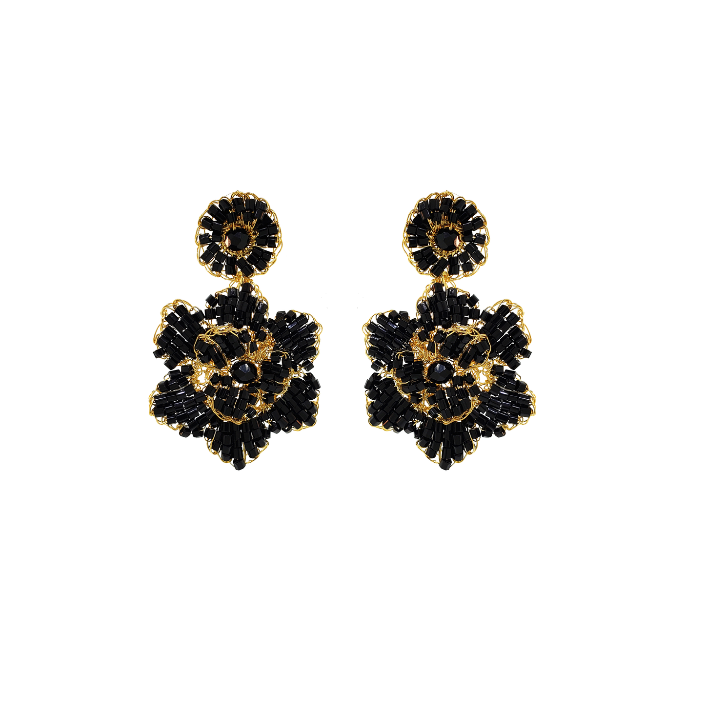 A pair of hand-crocheted floral earrings with black and gold detailing. Mini floral hand crocheted earrings in 18 karat gold filled wire, lightweight hypoallergenic Brazilian artisan jewelry with feminine floral design.