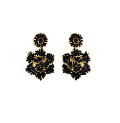 A pair of hand-crocheted floral earrings with black and gold detailing. Mini floral hand crocheted earrings in 18 karat gold filled wire, lightweight hypoallergenic Brazilian artisan jewelry with feminine floral design.