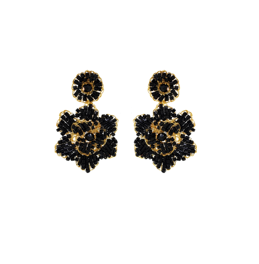 A pair of hand-crocheted floral earrings with black and gold detailing. Mini floral hand crocheted earrings in 18 karat gold filled wire, lightweight hypoallergenic Brazilian artisan jewelry with feminine floral design.