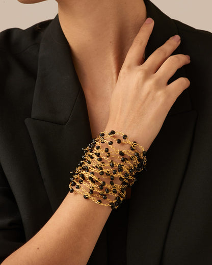 hand-crocheted cuff bracelet, gold cuff bracelet, 18k gold filled bracelet, handmade Brazilian jewelry, artisan cuff bracelet, black bead bracelet, crystal cuff bracelet, lightweight bracelet, hypoallergenic bracelet, nickel free bracelet, magnetic clasp bracelet, statement bracelet, handmade cuff, day to night jewelry, luxury artisan bracelet