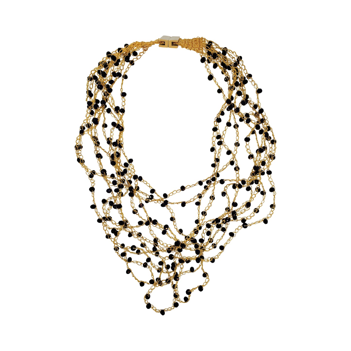 Layered multi-string hand-crocheted necklace handmade in Brazil with 18 karat gold filled wire, black bead accents, and a secure magnetic clasp.