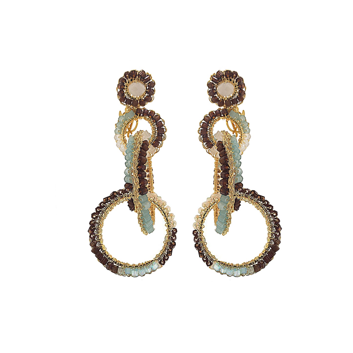 Interlocked link hand-crocheted earrings handmade in Brazil with 18 karat gold filled wire, soft blue accents, ivory tones, chocolate-brown beads, and layered circular links.