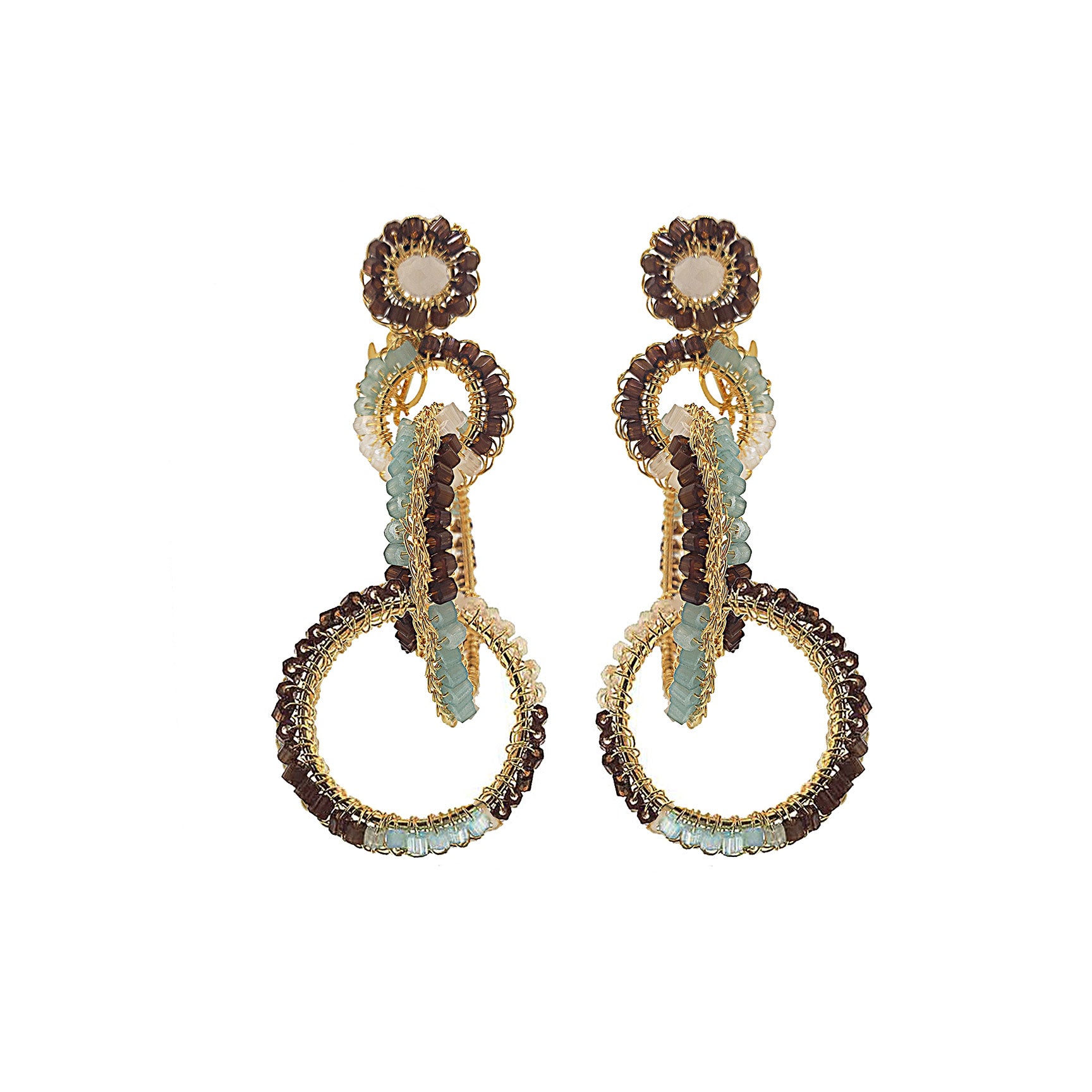 Interlocked link hand-crocheted earrings handmade in Brazil with 18 karat gold filled wire, soft blue accents, ivory tones, chocolate-brown beads, and layered circular links.