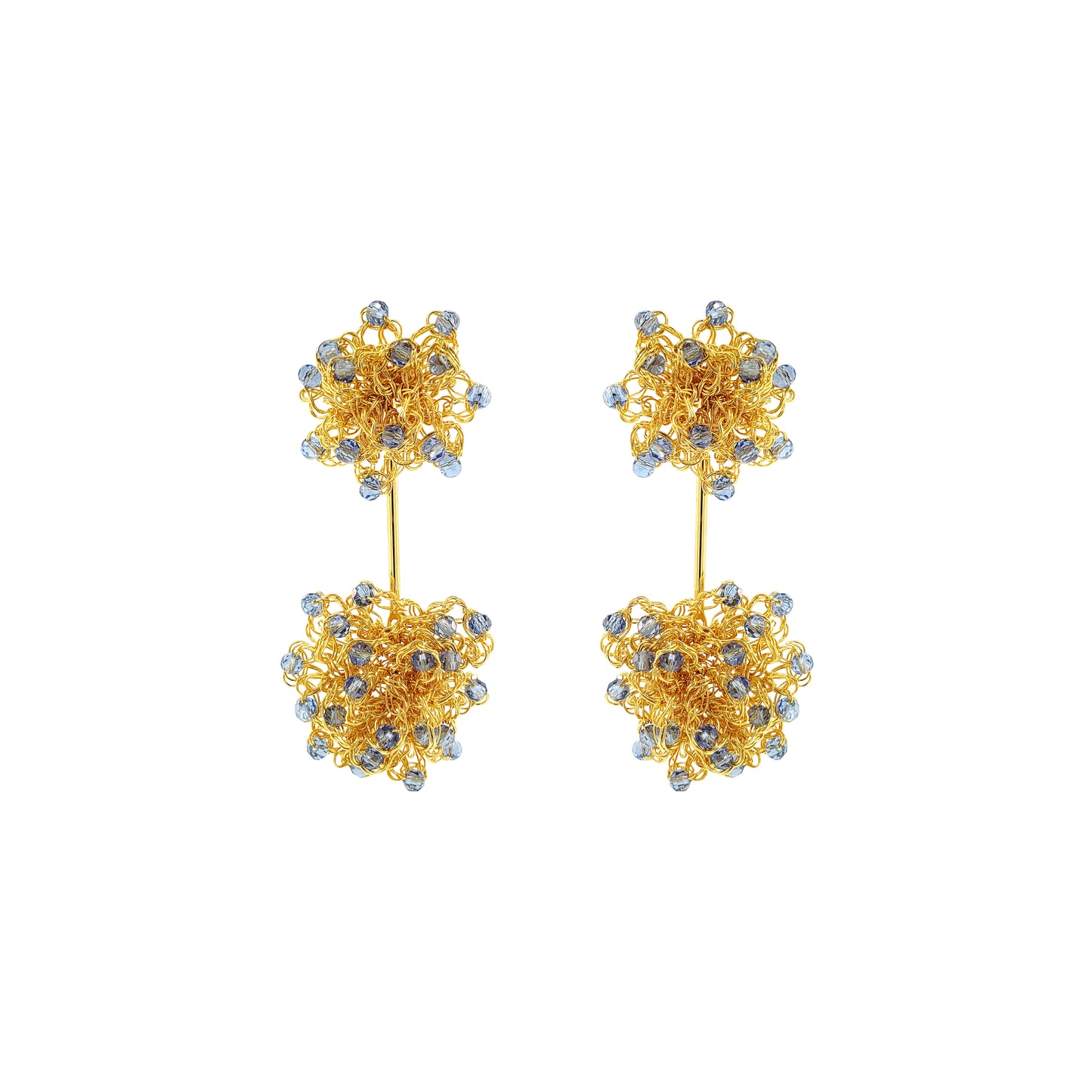 Pair of gold floral earrings with small stones on a white background. Hand-crocheted double mandala earrings made with 18 karat gold filled wire and colorful bead accents.