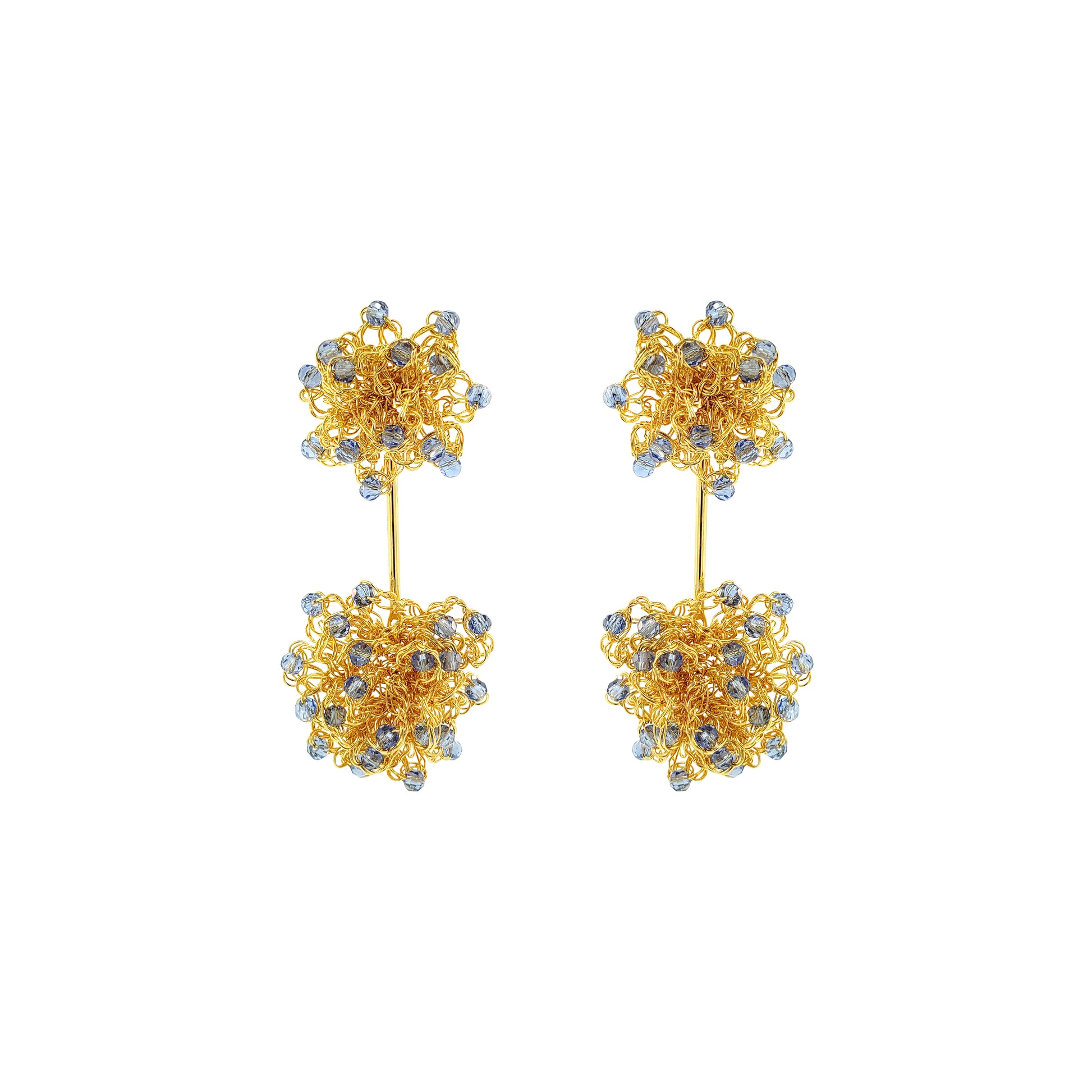 Pair of gold floral earrings with small stones on a white background. Hand-crocheted double mandala earrings made with 18 karat gold filled wire and colorful bead accents.