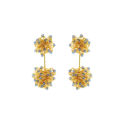 Pair of gold floral earrings with small stones on a white background. Hand-crocheted double mandala earrings made with 18 karat gold filled wire and colorful bead accents.