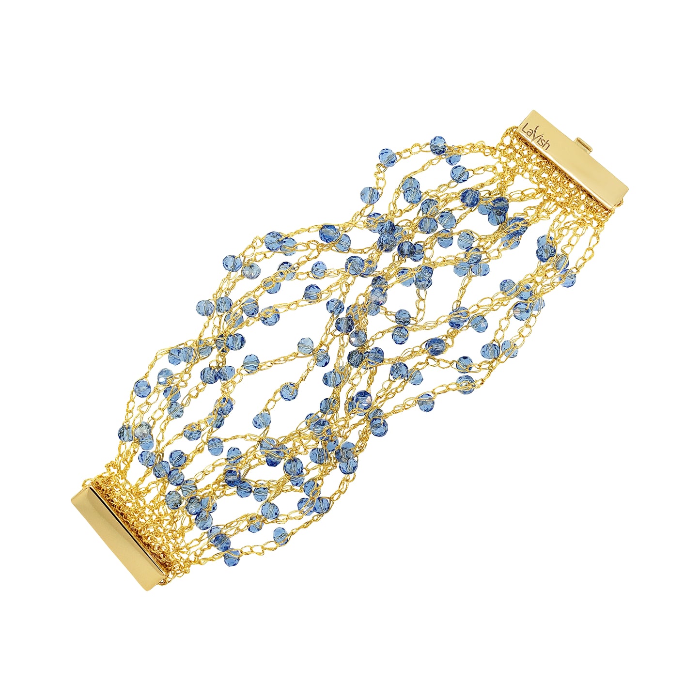 Gold bracelet with blue beads on a white background. Hand-crocheted gold cuff bracelet handmade in Brazil with 18 karat gold filled wire, sparkling blue crystal accents, and magnetic clasp.