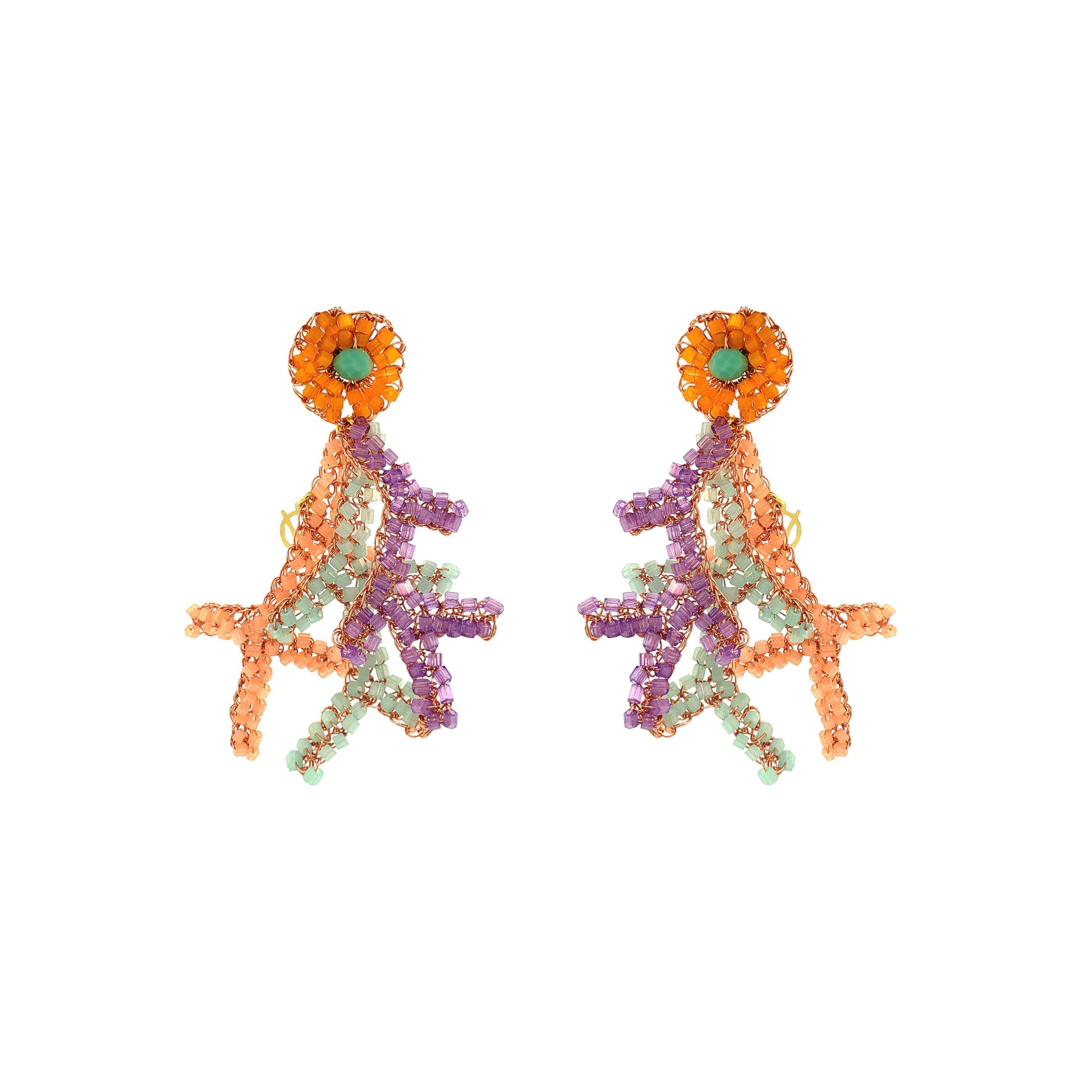 Branch-shaped-Orange-Green-Pink-Purple-Coral-Handmade-Crochet-Earrings-18k-gold-filled-wire-hypoallergenic-lightweight-statement-brazilian-soul-collection