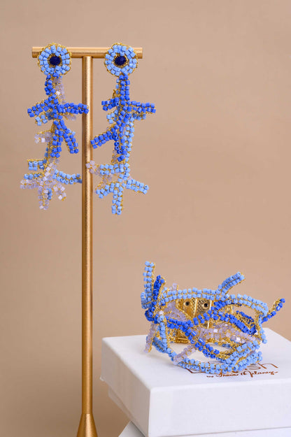 Branches-Blue-Gold-Coral-Handmade-Crochet-bracelet-18k-gold-filled-wire-hypoallergenic-lightweight-statement-soul-collection- earrings-set