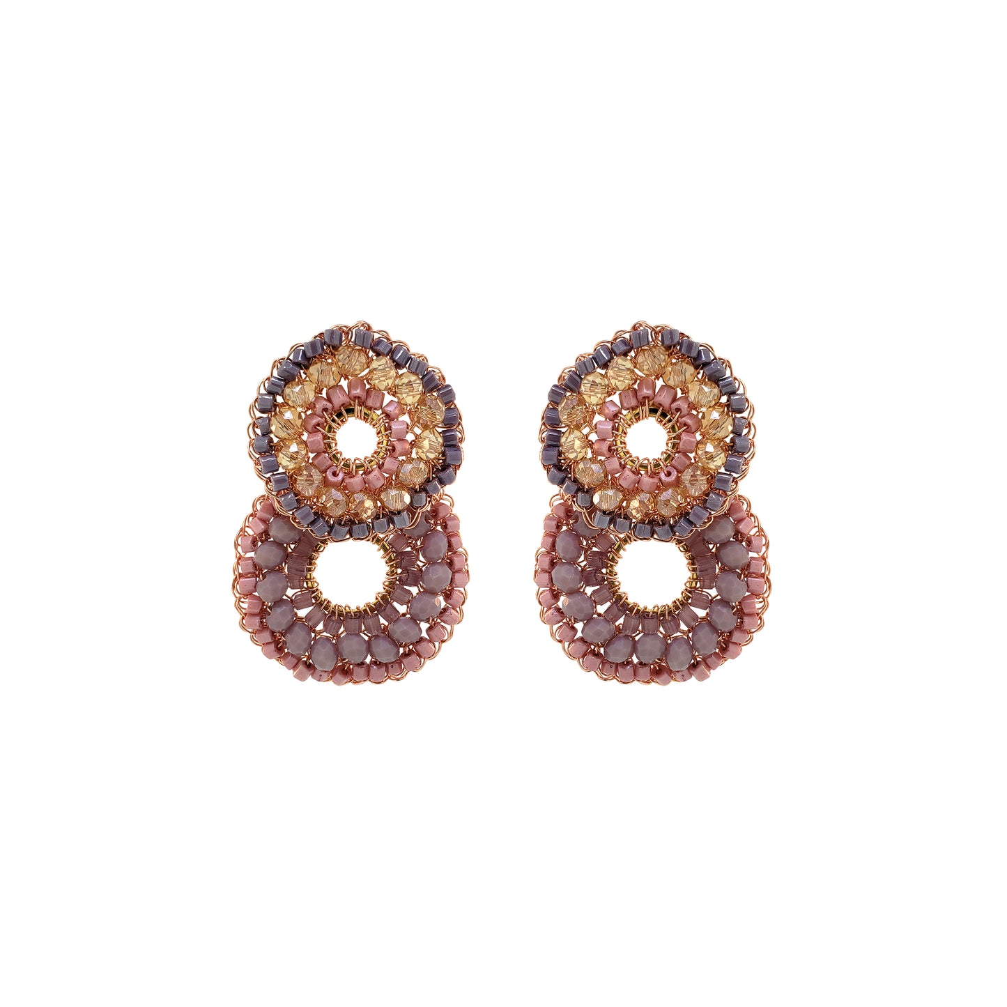 A pair of hand-crocheted round earrings with multicolored crystals and enameled copper wire details.