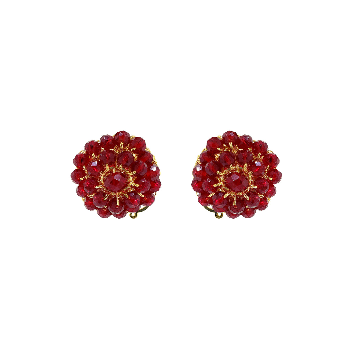 Pair of red beaded earrings with gold accents on a white background. Shop Burgundy & Gold Ava Post Earrings, hand-crocheted in Brazil with 18K gold filled wire and sparkling burgundy crystals. Lightweight and elegant.