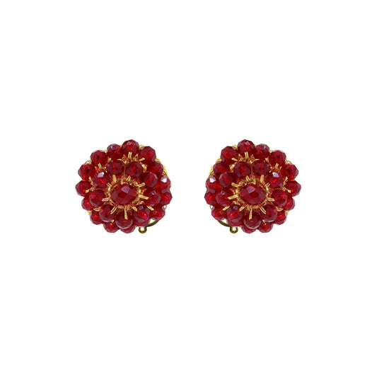 Pair of red beaded earrings with gold accents on a white background. Shop Burgundy & Gold Ava Post Earrings, hand-crocheted in Brazil with 18K gold filled wire and sparkling burgundy crystals. Lightweight and elegant.