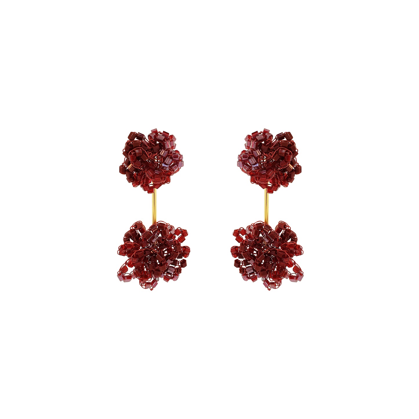 A pair of dangling earrings with textured deep red floral clusters suspended from thin gold posts, shown against a plain white background. Shop Burgundy Mix Agatha Earrings, featuring textured hand-crocheted clusters connected by a sleek gold bar. Lightweight and handmade in Brazil.