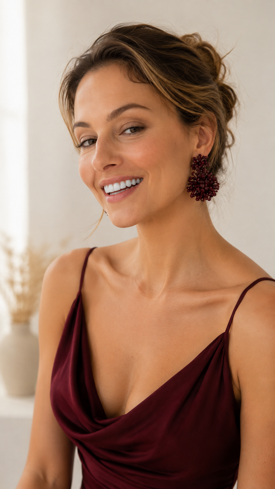 Burgundy Mix Agnes handmade crochet earrings with double textured clusters, shimmering beads and intricate burgundy wirework.