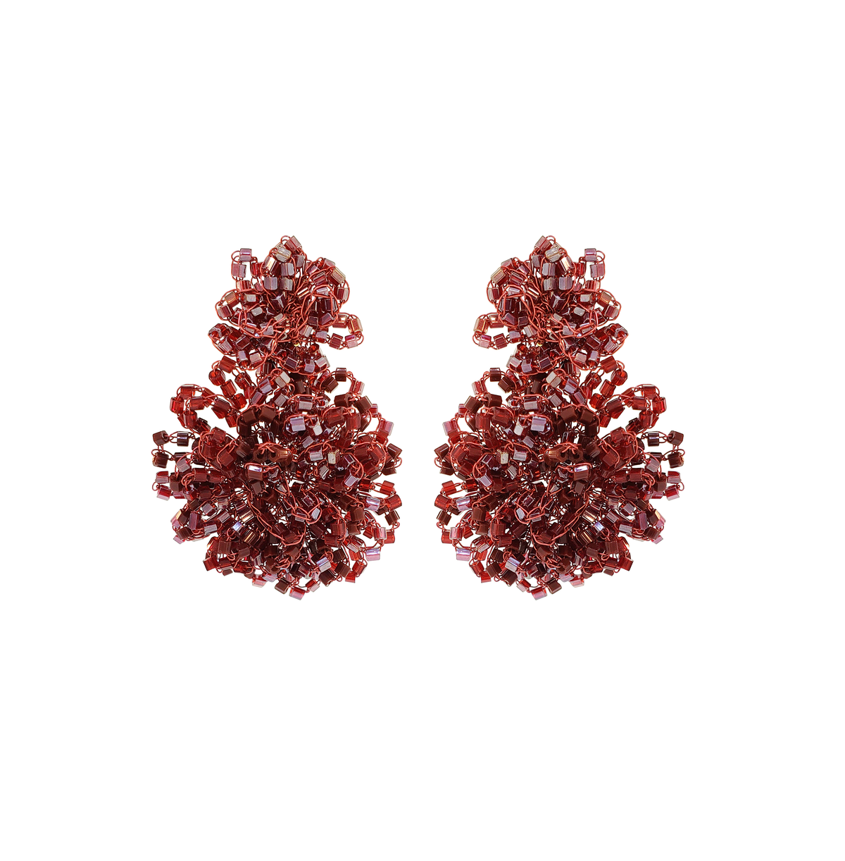 A pair of ornate, textured drop earrings made of faceted deep red crystals, arranged symmetrically on a solid white background. Shop Burgundy Mix Agnes Earrings, featuring dimensional hand-crocheted clusters and shimmering beads. Lightweight, hypoallergenic and handmade in Brazil.