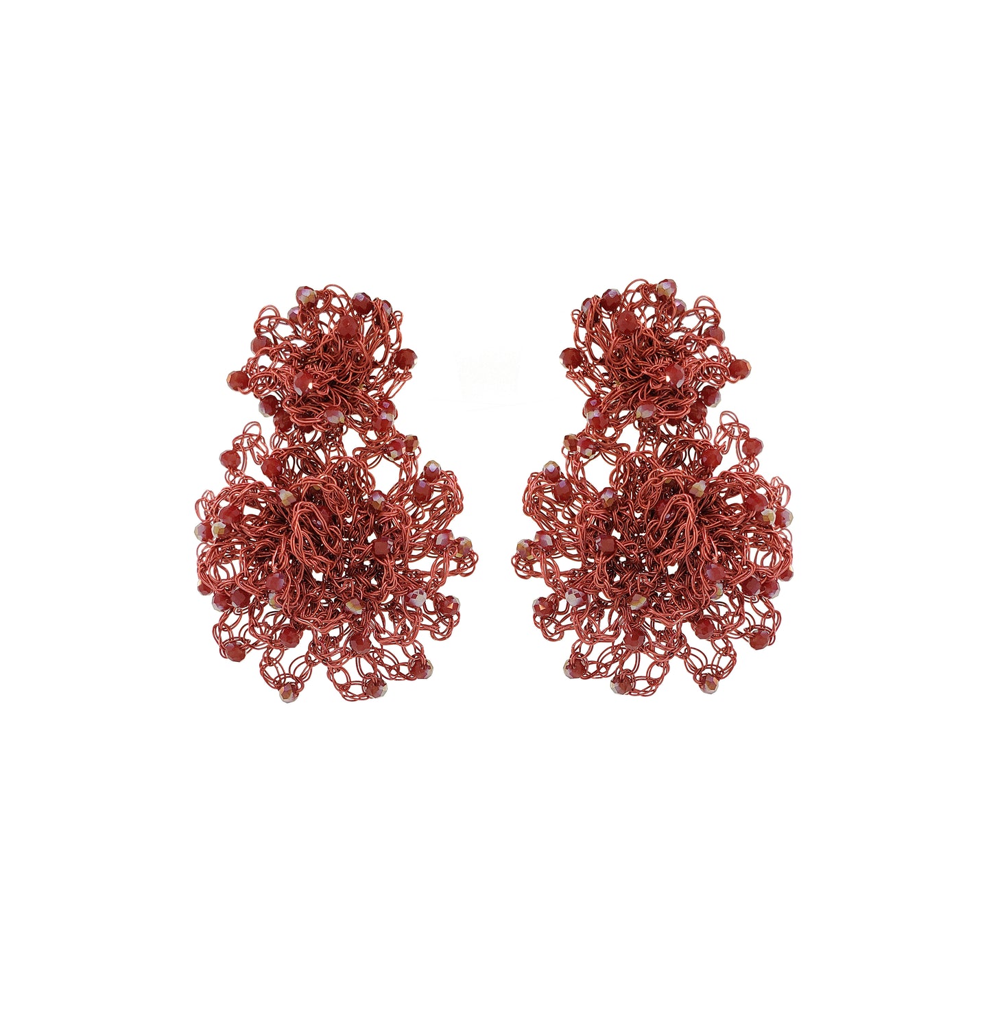 Shop Burgundy Mix Agnes Sprinkle Earrings, featuring double hand-crocheted floral mandalas with sparkling bead accents. Lightweight and handmade in Brazil.