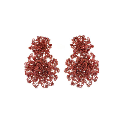 Shop Burgundy Mix Agnes Sprinkle Earrings, featuring double hand-crocheted floral mandalas with sparkling bead accents. Lightweight and handmade in Brazil.