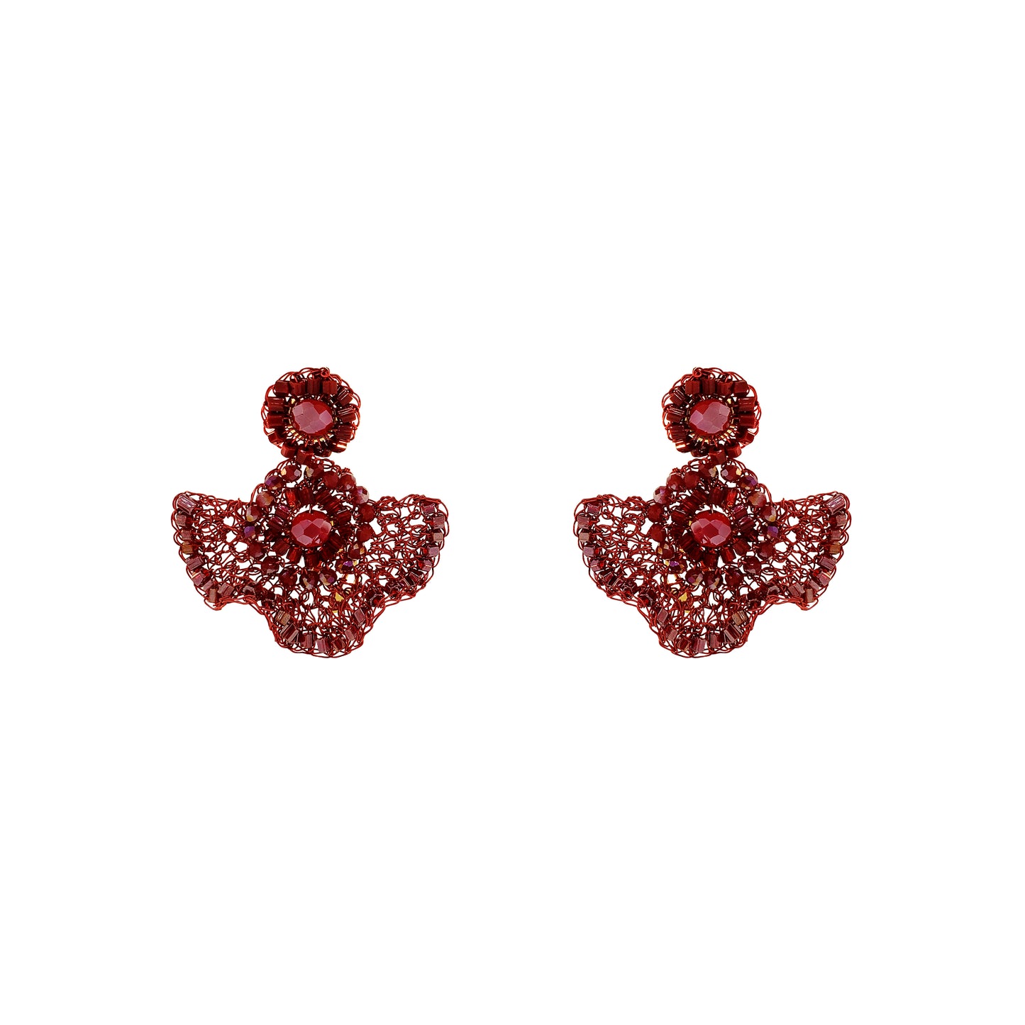 A pair of red angel-themed stud earrings featuring a central red gemstone surrounded by smaller sparkling red and clear stones, set against a plain white background.