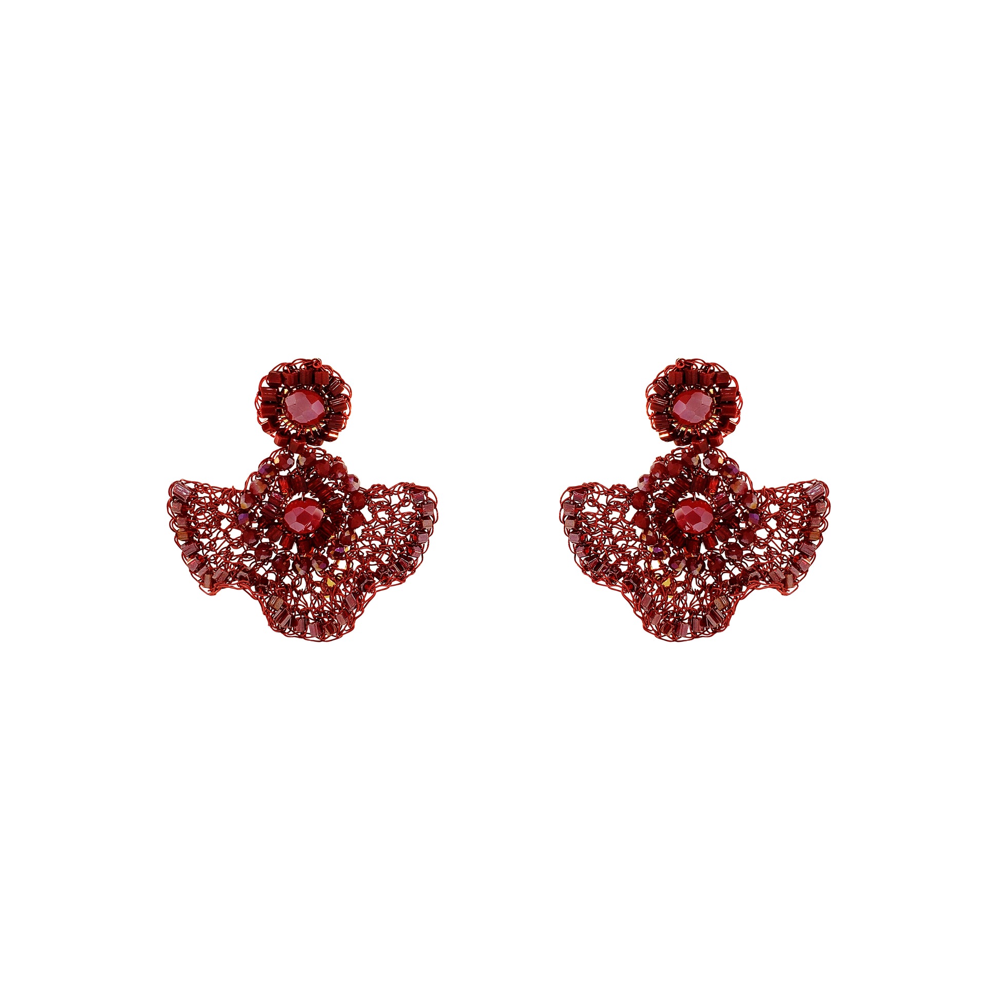 A pair of red angel-themed stud earrings featuring a central red gemstone surrounded by smaller sparkling red and clear stones, set against a plain white background.