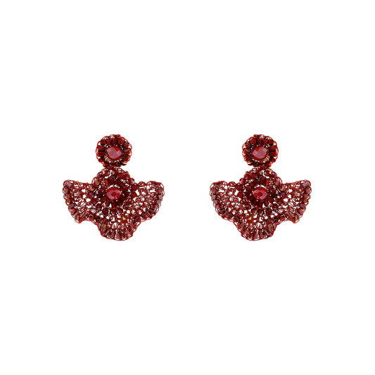 A pair of red angel-themed stud earrings featuring a central red gemstone surrounded by smaller sparkling red and clear stones, set against a plain white background.