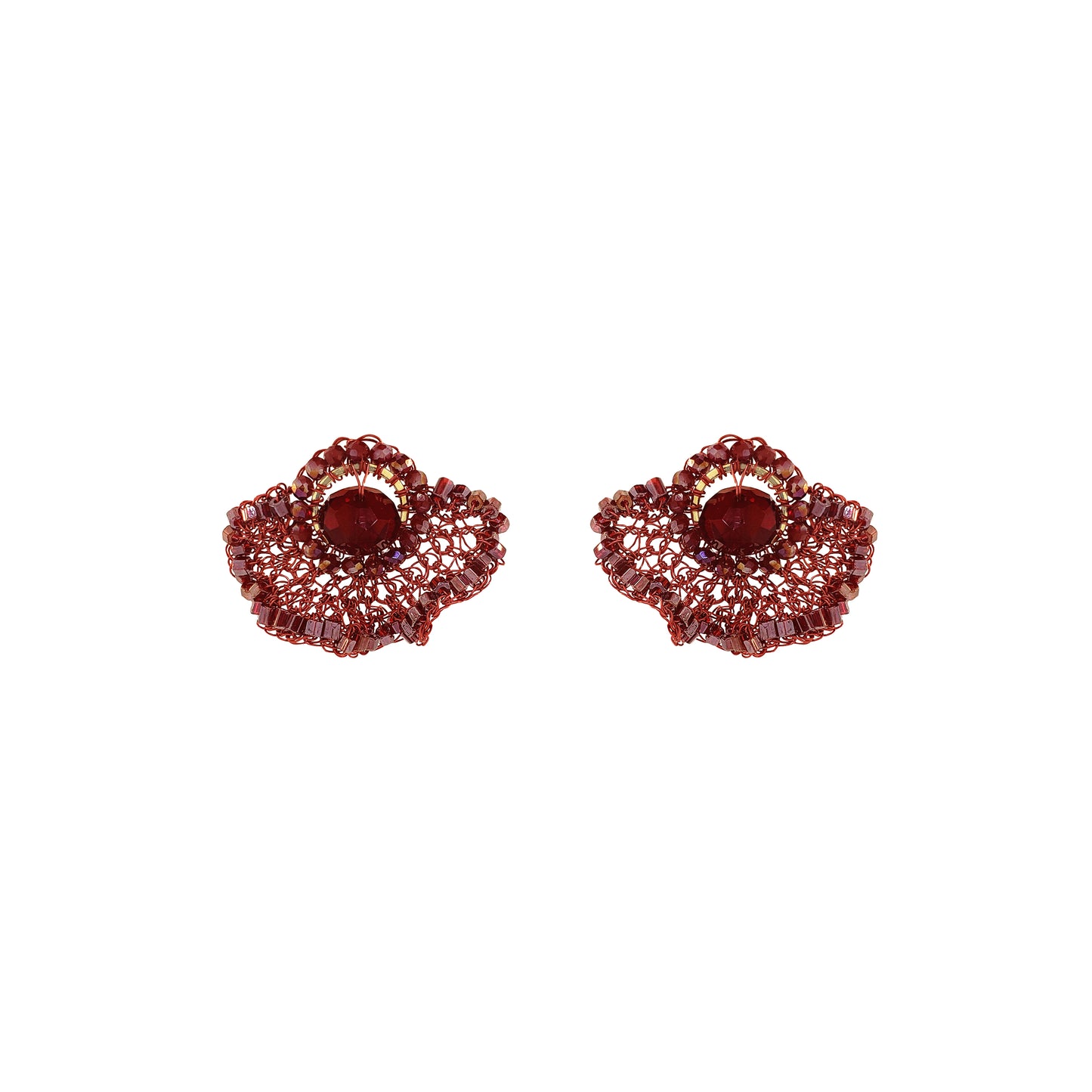 A pair of textured, scalloped red earrings with a central oval red stone, set against a plain white background. Shop Burgundy Mix Celosia Post Earrings, featuring a hand-crocheted fan design with shimmering crystals and beads. Lightweight and handmade in Brazil.