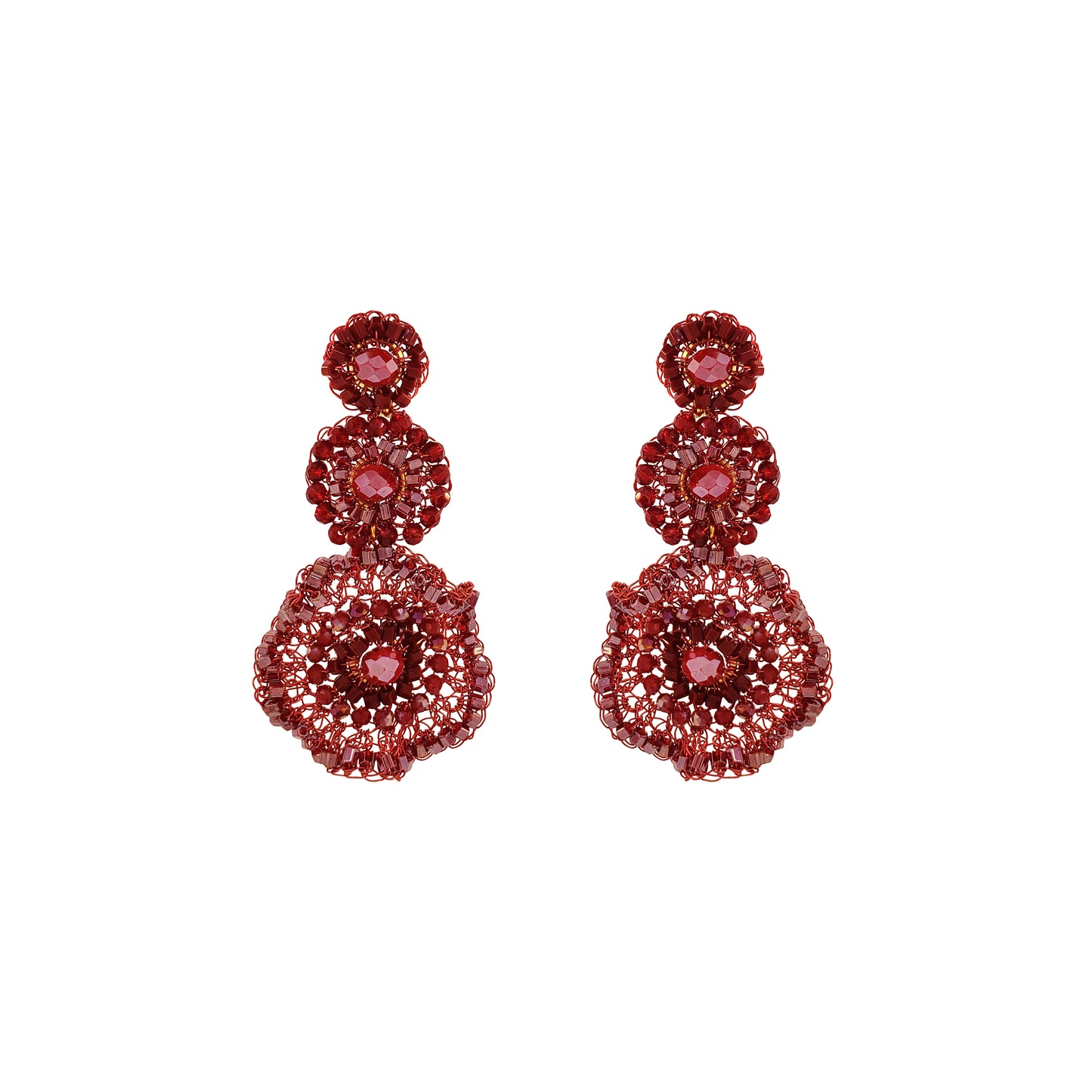 Red hand-crocheted triple drop statement earrings with layered circular design, sparkling bead accents, and enameled copper wire, handmade in Brazil.