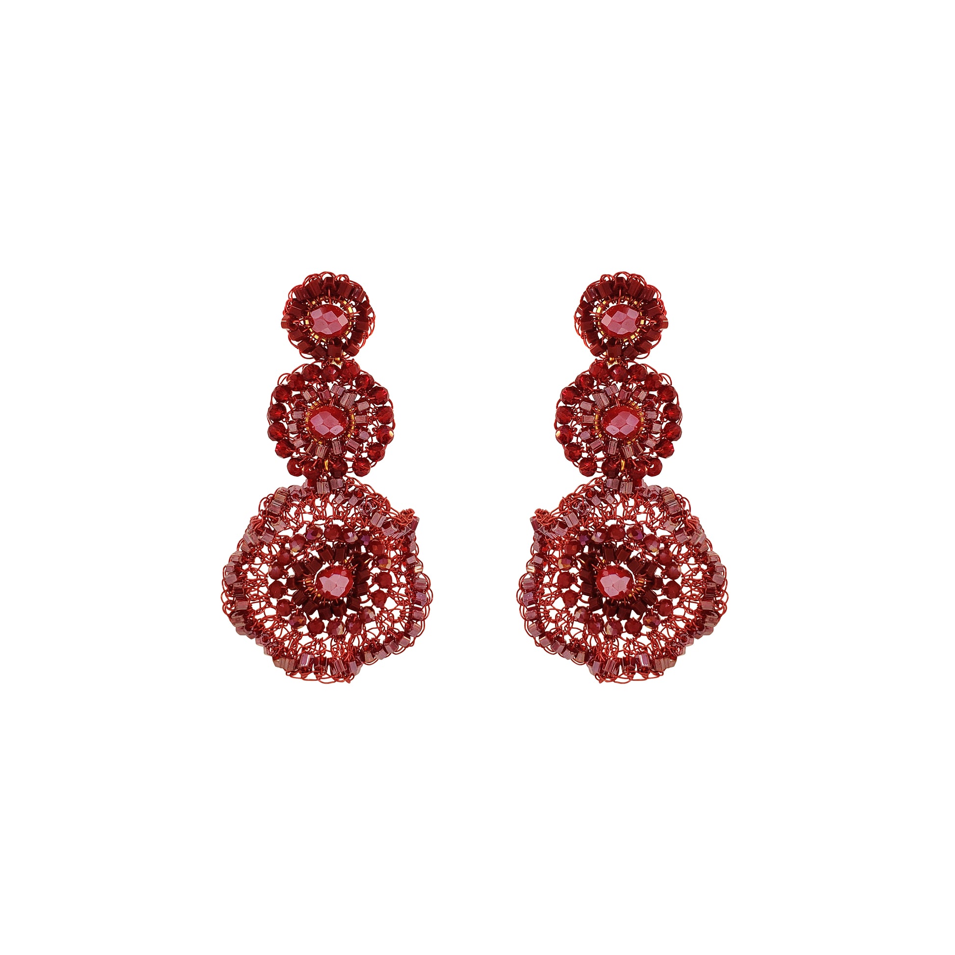 Red hand-crocheted triple drop statement earrings with layered circular design, sparkling bead accents, and enameled copper wire, handmade in Brazil.